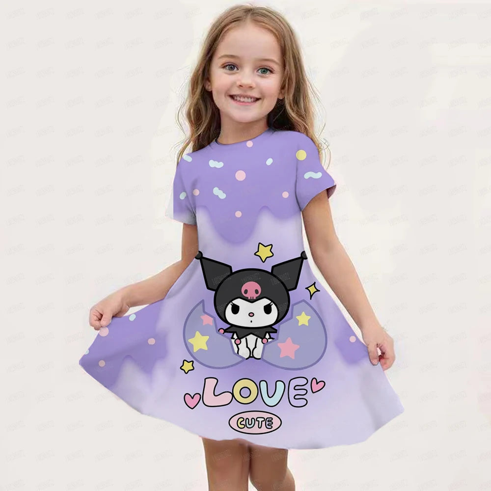 New Summer Girls Dress Fashion Cartoon Cute Cinnamoroll &Hello Kitty 3D Printing Dress Kid Short Sleeve Princess Clothing