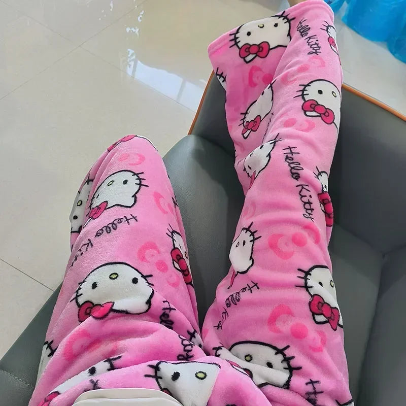 Hello Kitty Pajama Set Sanrio Pajama Pants Jacket Anime Fleece Double Elastic Fabric Soft Trousers Women Cartoon Birthday Gift