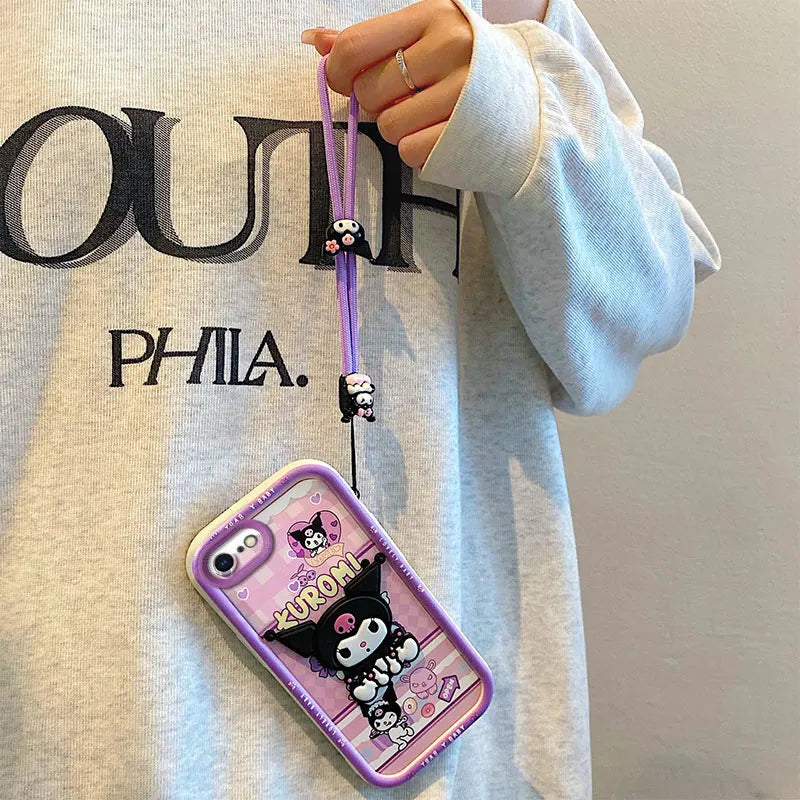 For iPhone 8plus 7 8 6 6s Plus SE 2020 2022 So Cute 3D Cartoon Kuromi Pochacco Toy Phone Case Multistep Hand Strap Cover