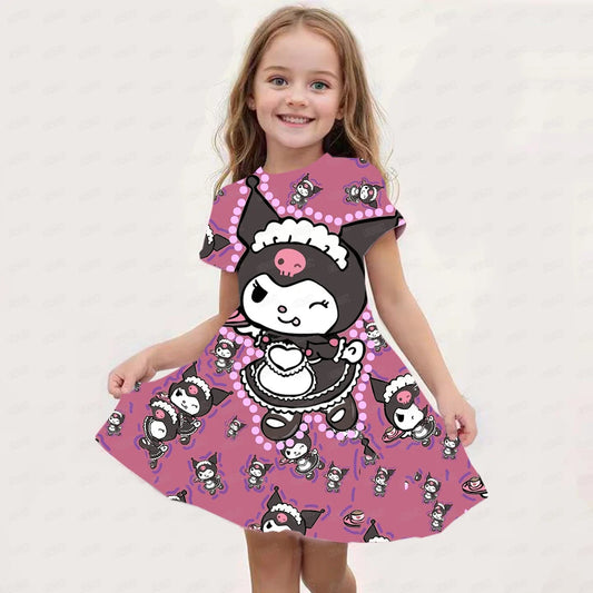 Hello kitty Kuromi Summer Dress Girl Dresses Children Dresses Miniso Cosplay 3d Cartoon Print Cute 2024 Girl Clothing Vestidos