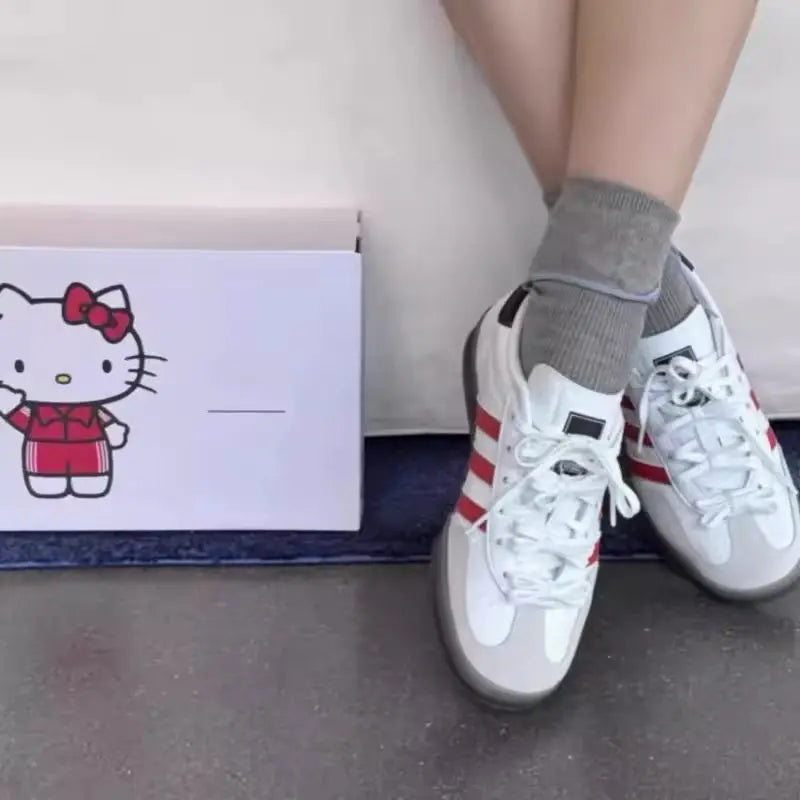 Anime Genuine Hello Kitty Casual Shoes Retro Printed Flat Shoes Cartoon Student Fashion Color Blocked Striped Sneakers Girl Gift