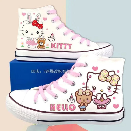 Kitty Lolita Shoes High Top Canvas Shoes for Women Hello Kitty Printed Student Casual Flat Sneakers 2024 New Women Shoes