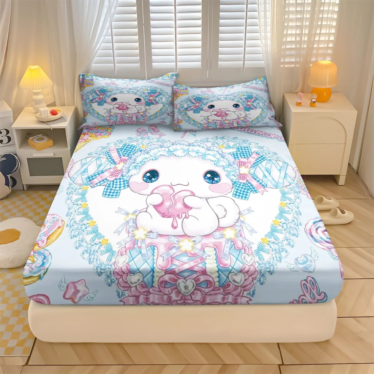 Sanlio, Kuromi Hello kitty 100% Polyester With Pillowcas Bedding Set  Fitted Sheet Bed Cover Full 3D Printed Children'S