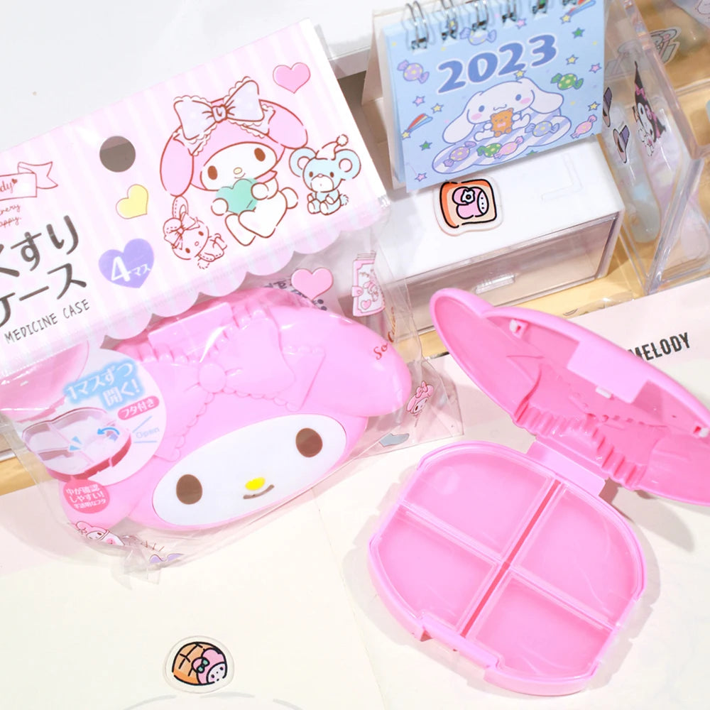 Mini Portable Pill Box Cartoon Hello Kitty Melody 4Grids  Cute Storage Box Travel Small Tablet Box Container for Medicine