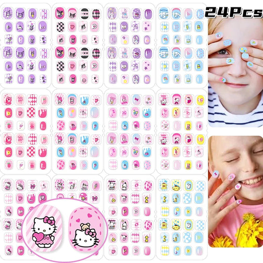 24Pcs Cartoon Hello Kitty Press on Nails Sanrio Series Pink/Blue/Purple Kuromi Kawaii Fake Nail for 6 years+ School Girl