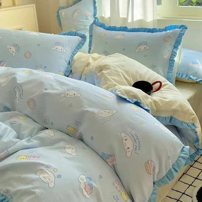 Hello Kitty Cinnamoroll My melody Kuromi new cute cartoon active printing pure cotton edge quilt cover bed sheet three-piece set