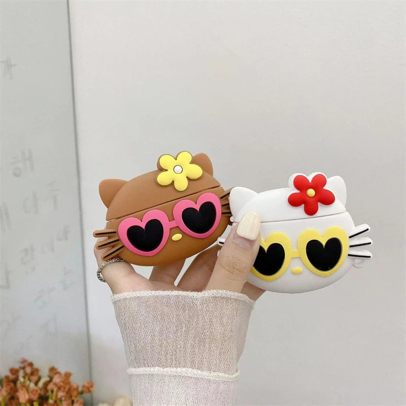 3D Brown Sunglasses Hello Kitty For Air pods Pro 2 Bluetooth Headset Cover for Air pods 1 2 3 Silicone Earphone Case