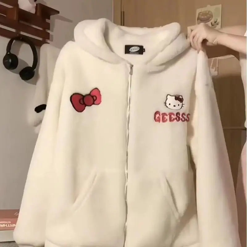 Hot Kawaii Hellokitty Hooded Sweatshirt Girls Autumn Winter Cute Loose Cardigan Thickened Couple Casual Versatile Jacket