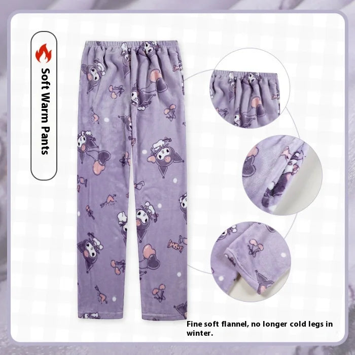 Miniso Hello Kitty Kuromi Sleeper Pants With Flannel Thick Fleece For Warmth Casual Cute Cartoon Pattern Girl Christmas Clothing