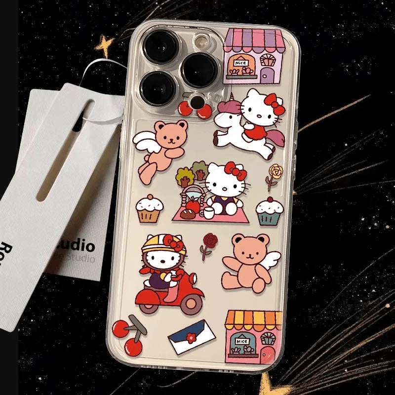 Hello Kitty Lovely Clear Phone Case For iPhone 16 15 14 13 11 12 Pro Max XS XR 14 15 7 8 Plus Y2K Girl Transparent  Cover