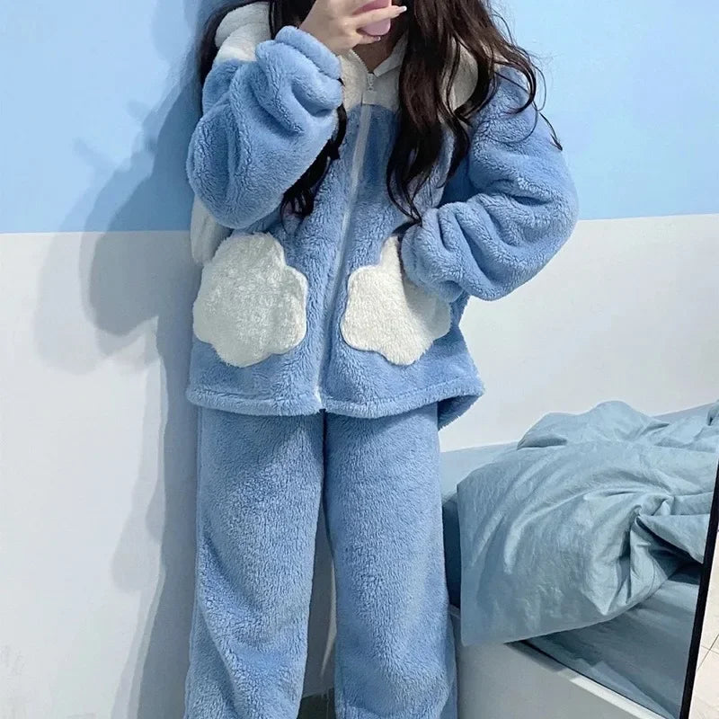 Hello Kitty Kuromi Cartoon Anime Sweet Girl Winter Kawaii Super Soft Thickened 2 Piece Home Pajama Set Holiday Gifts