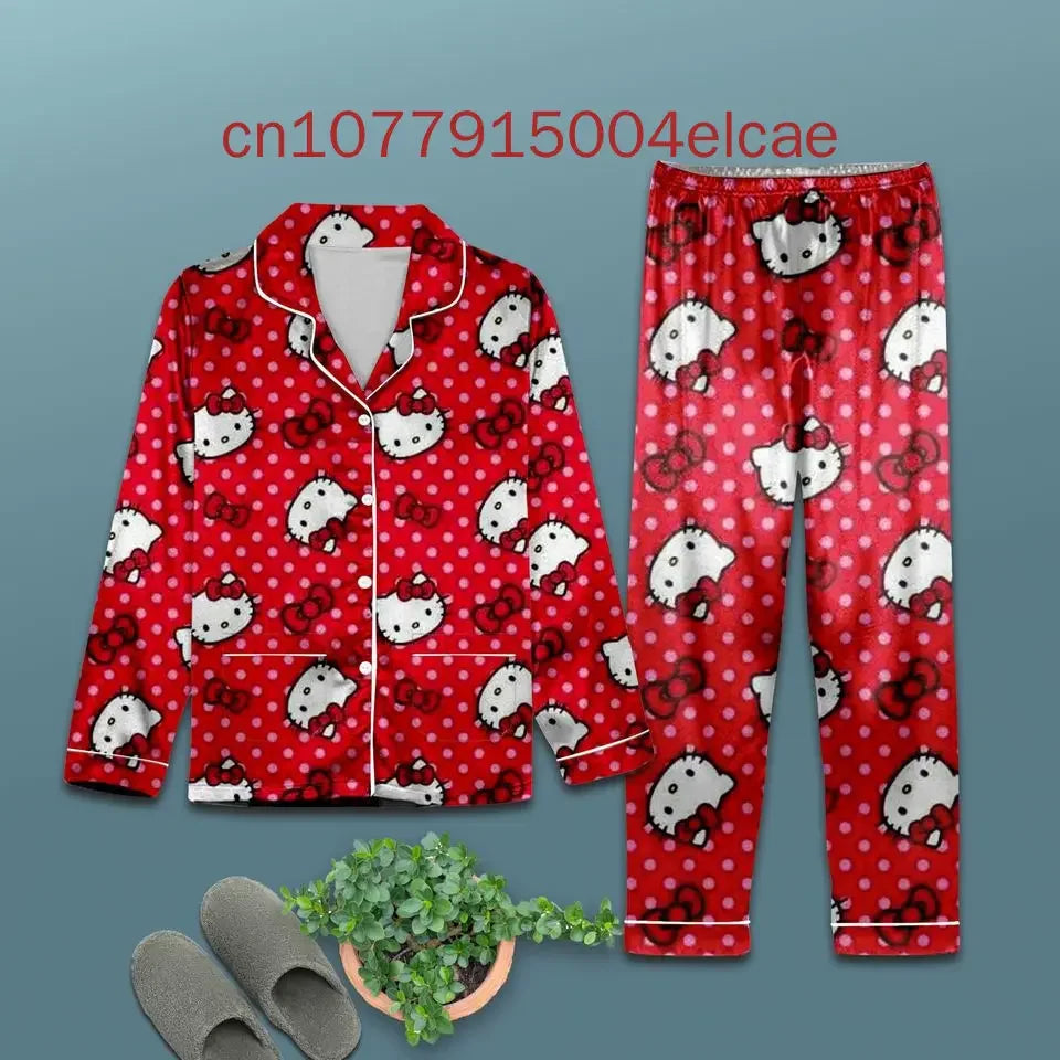 New Hello Kitty Pajama3D Printed Casual Men's and Women's Long Sleeve Shirt Pajama Set