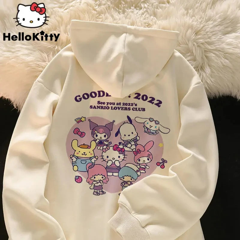 2025 New Hello Kitty Jacket 2000s Zip Hoodie White Sweatshirt Young Women Fall Winter Kawaii Lolita Jacket Student Tops