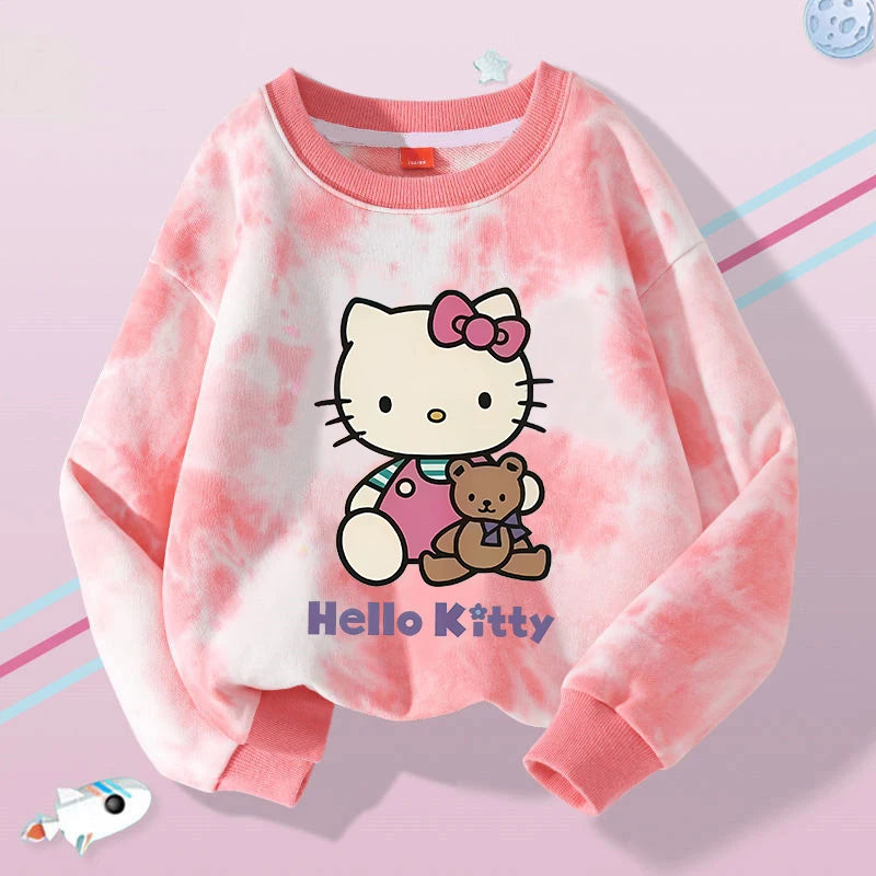 Hello Kitty Kuromi Cute Print Sweatshirts Girl Clothes Autumn Trend Tie Dyed Round Neck Pattern Children Pullover Long Sleeves