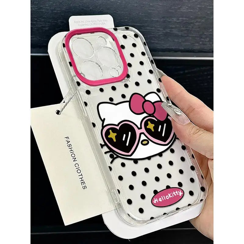 New Hello Kitty Full Screen KT Phone Case For iPhone 16 15 14 13 12 11 ProMax XR XS MAX 7 8Plus Y2K Cool Sunglasses Cover