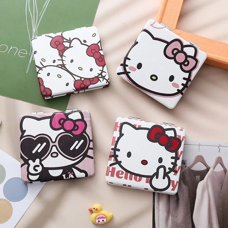 Kawaii Makeup Mirrors Hello Kitty Cartoon Ins Double-sided Mirror Frame PU Leather Cover Carry Folding MiNi Mirror Gift