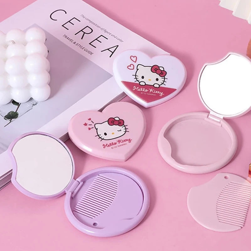 Hello Kitty My Melody Double Sided Folding Mirror Cute Portable Mirror Comb Integrated Mini Makeup Mirror Girl Gifts