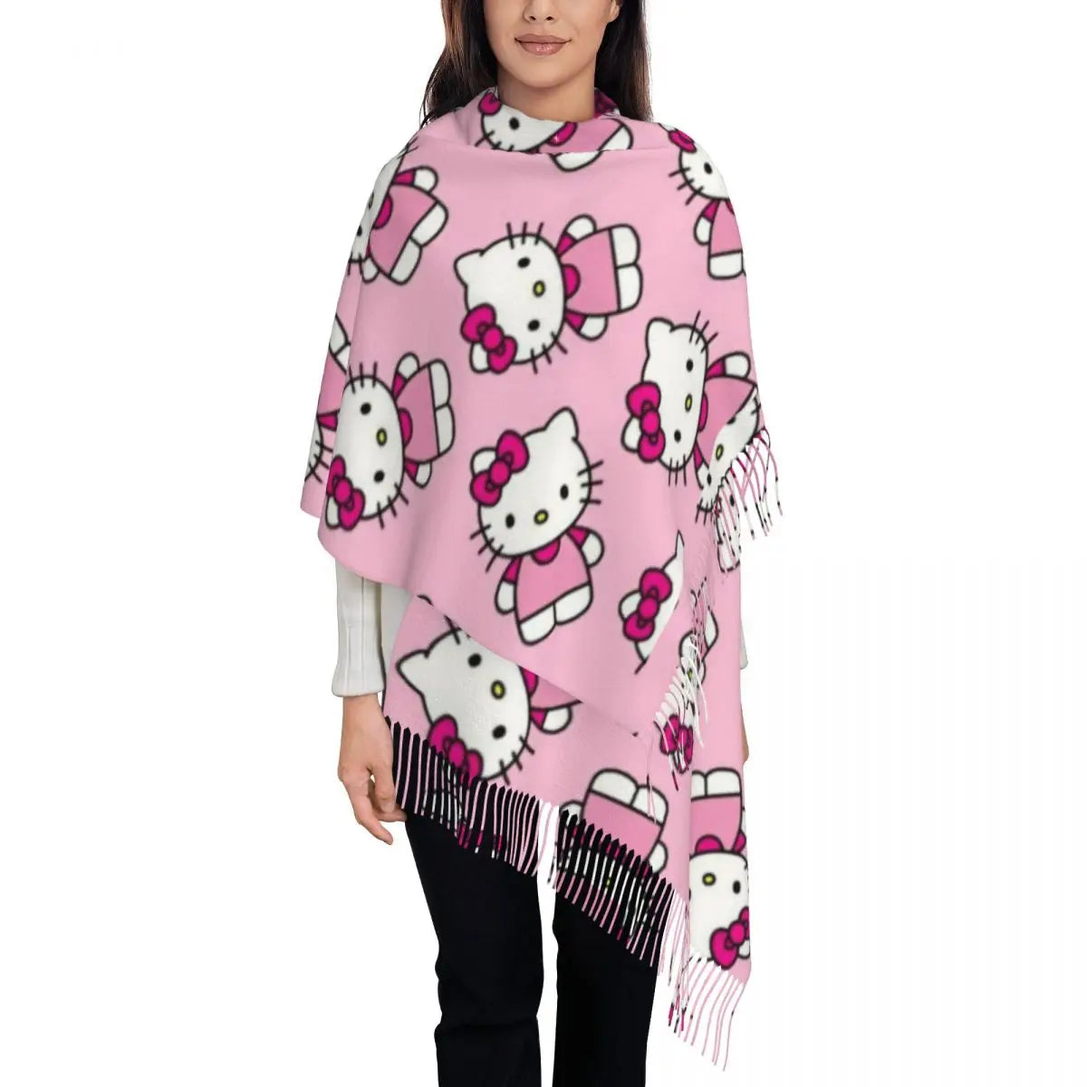 Customized Lady Long Hello Kitty Pattern Scarves Women Winter Fall Thick Warm Tassel Shawl Wraps Sanrio Scarf