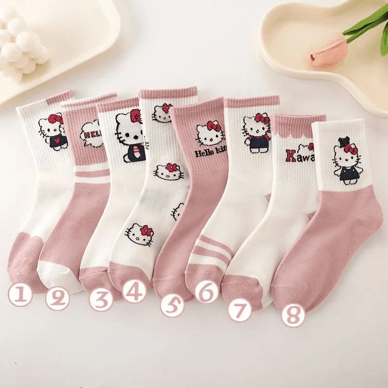 Cartoon Hello Kittys Kuromi Socks Ins Girl's Heart Kawaii Warm and Versatile Four Seasons Medium Socks Gifts