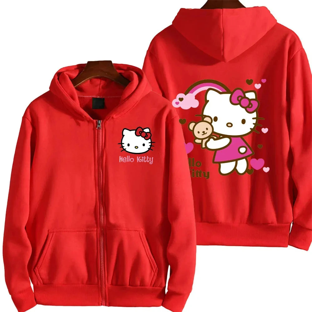 Women's Zipper Hoodie Autumn and Winter New Cute Kawaii Hello Kitty Pattern Sweatshirt 2025 Streetwear Women's Clothing