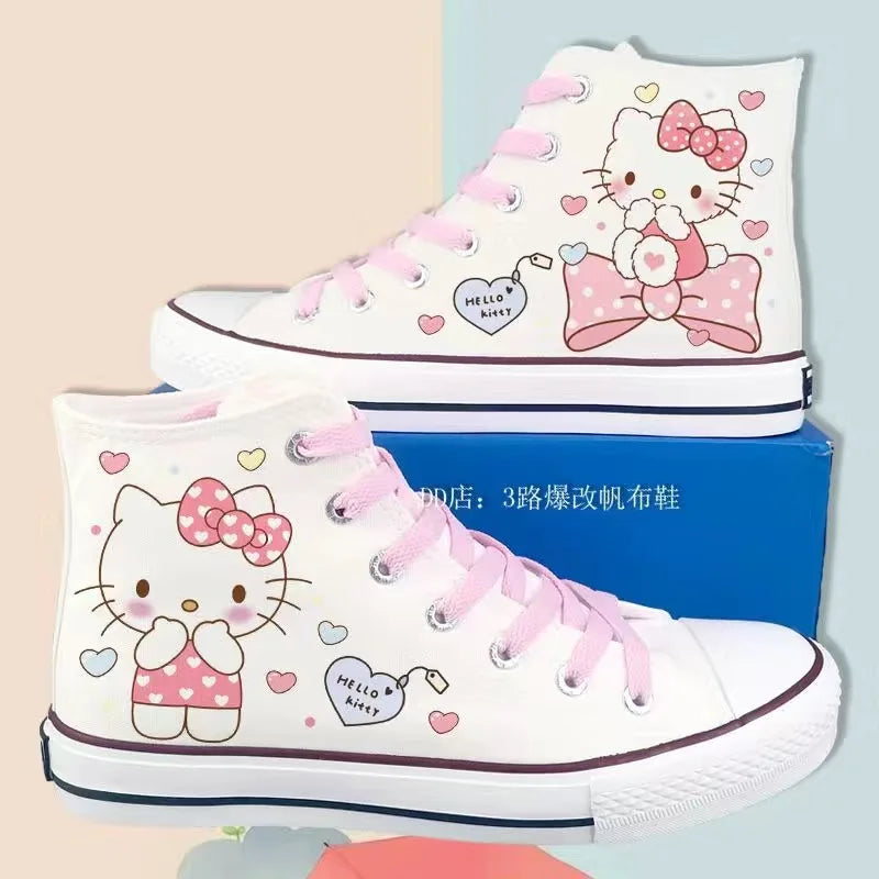 Kitty Lolita Shoes High Top Canvas Shoes for Women Hello Kitty Printed Student Casual Flat Sneakers 2024 New Women Shoes