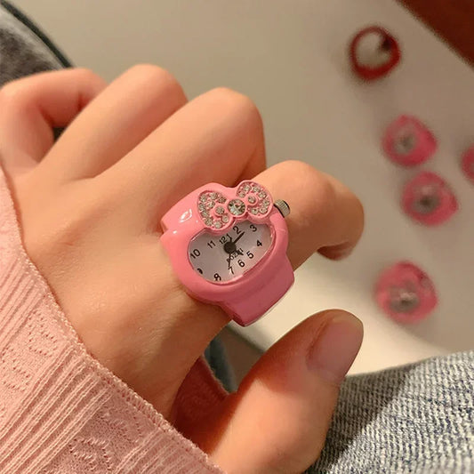 Hello Kitty Watch Ring, Cute Kt Cat Bow, Rhinestone Clock Ring, Girls Jewelry, Kids Gifts, Kawaii Toys