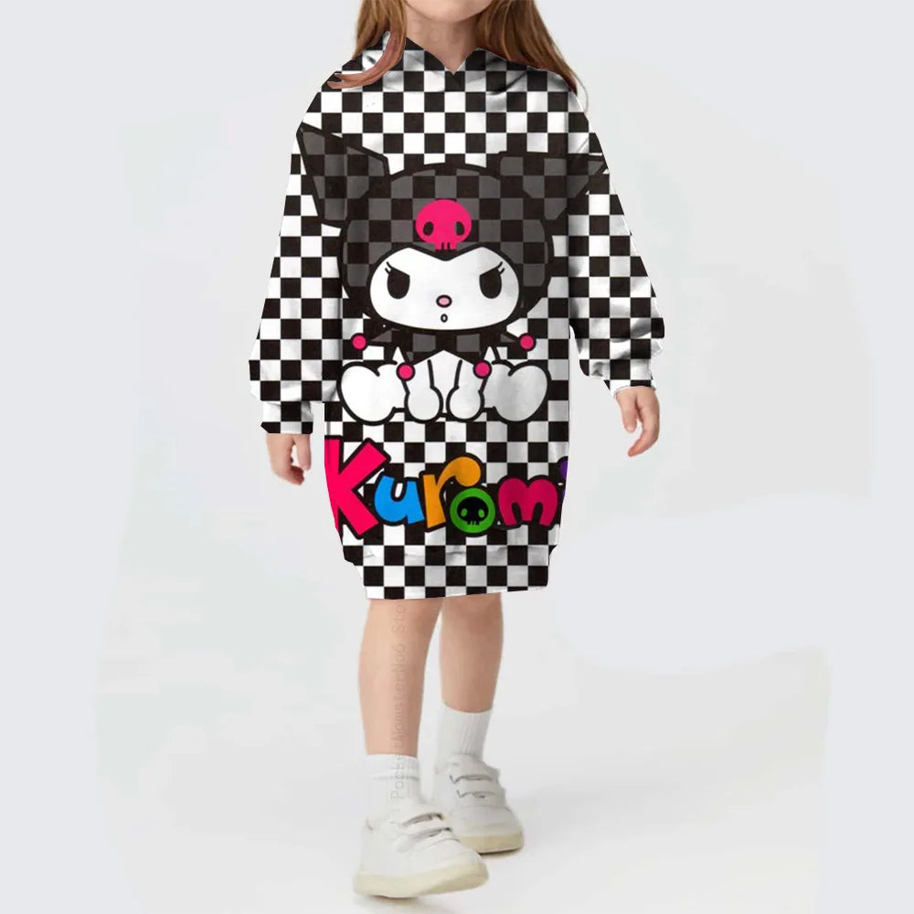 Autumn/winter Children's Hello Kitty Kuromi print Sweater Clothes Suit Hooded Solid Color Fashion Sweater Dress Comfortable