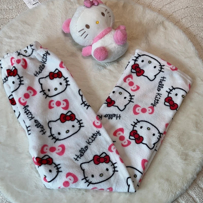 Sanrio Hello Kitty Pajamas Pants Black Pink Anime Flannel Women Warm Woolen White Cartoon Casual Home Pant Autumn Grils Trousers