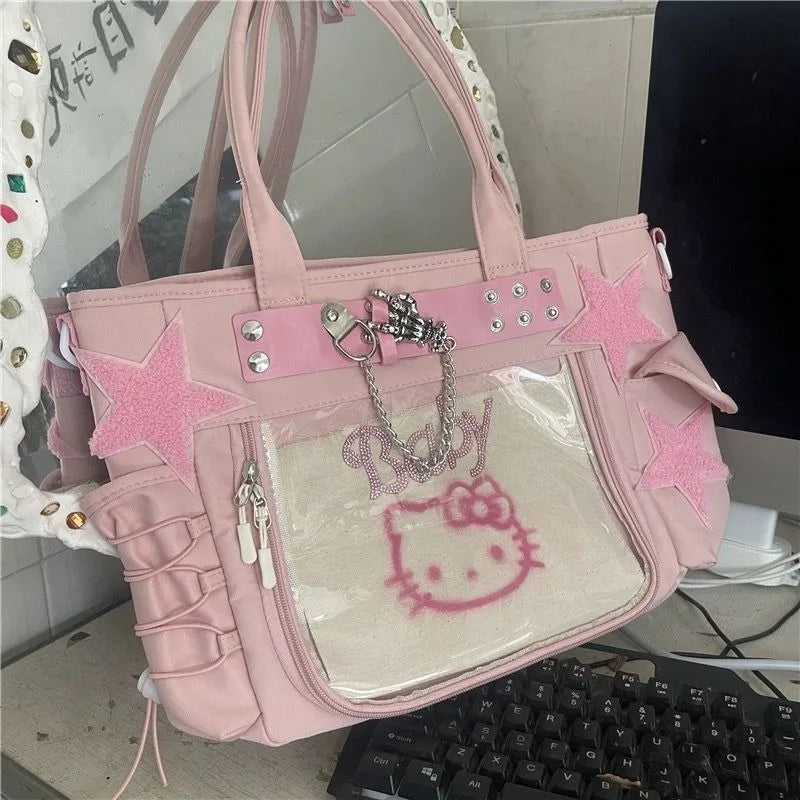 Hello Kitty Womens Tote Bag Canvas Large Capacity Pink Patchwork Shoulder Bag Casual Chain Sweet Fashion Ladies Handbag