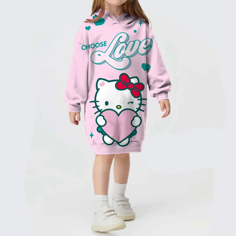 Hooded Dress For Girls Hello Kitty Kuromi print  Long Sleeve Winter Girls Dresses Hello Kitty Children Hoodies Casual Dress