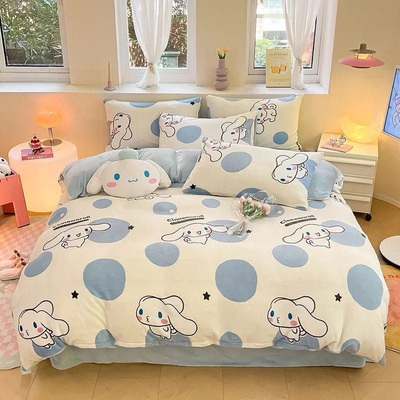 Winter Milk Velvet Bedding Set Hello Kitty Melody Kuromi Thickening Warm Flannel Queen Duvet Cover Bed Sheet Pillowcase