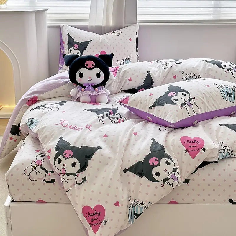 Kuromi Cinnamoroll My melody Hello Kitty Fashion Simple Cartoon Print Pure Cotton Bed Sheets and Quilt Covers Three Piece Set