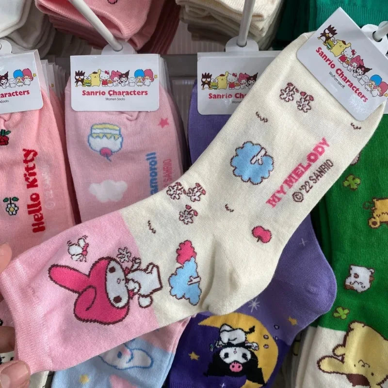 Hello Kitty Socks Cute Cartoon Kuromi Cinnamoroll My Melody Fashion Spring Autumn Soft Socks Girl&Child Holiday Gifts