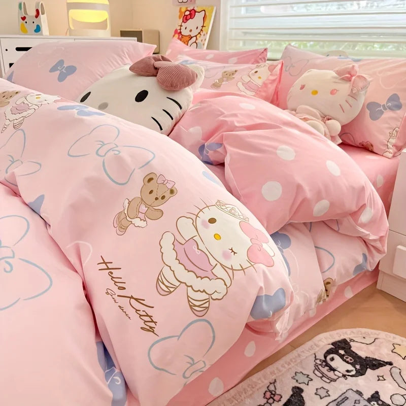 Hello Kitty Pink Girl Duvet Cover Cartoon Anime Bedding Set for Bedroom Decoration Best Gifts for Women Teens Queen King Size