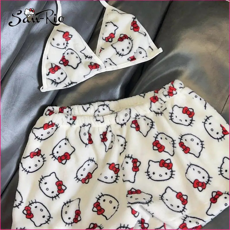 Hello Kitty Women's Pajamas Set Sleepwear 2Pcs Short Tank Tops and Shorts Sexy Plush Home wear Women Pajamas Bra Sets