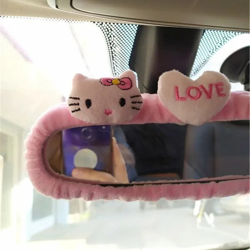 Hello Kitty Car Rearview Mirror Cover Cartoon Flannel Auto Rear View Mirror Decoration Automotive Interior Accessories