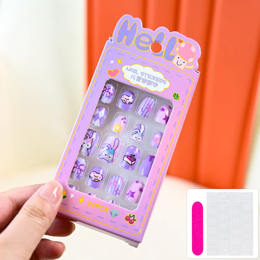 24Pcs Cartoon Hello Kitty Press on Nails Sanrio Series Pink/Blue/Purple Kuromi Kawaii Fake Nail for 6 years+ School Girl