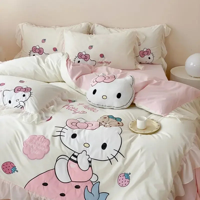 Hello Kitty Anime Kawaii MINISO Cotton Bed Sheet 4-piece Set Kt Cat Cartoon Cute Embroidery Quilt Set Bed Decoration Gifts Toys