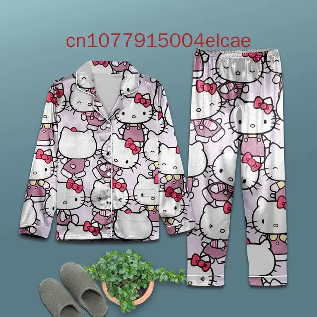 2025 New Hello Kitty Pajama Set 3d Printed Casual Men's and Women's Long Sleeve Shirt Pajama Set Hellokitty Family Pajamas Set