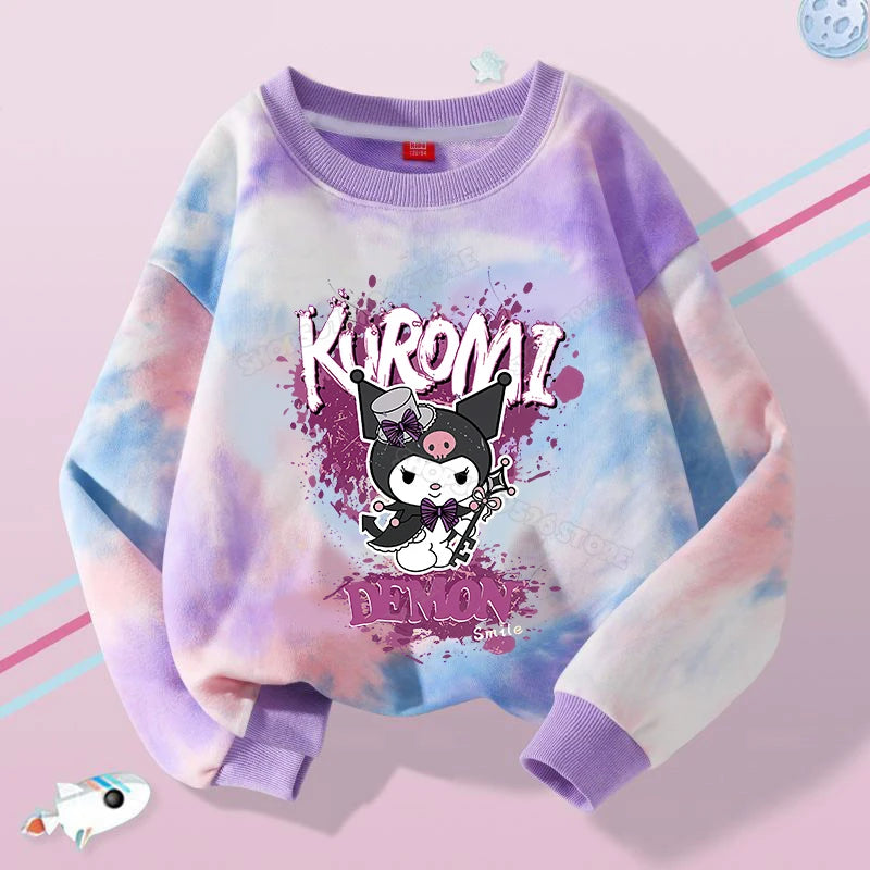 Hello Kitty Kuromi Cute Print Sweatshirts Girl Clothes Autumn Trend Tie Dyed Round Neck Pattern Children Pullover Long Sleeves