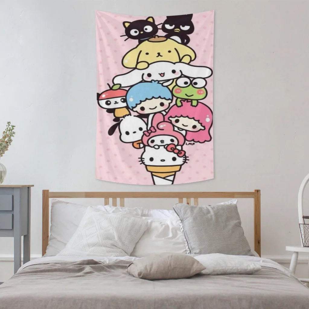 Cute Anime Sanrio Hello Kitty Kawaii Tapestries Room Decoration Items Home Décor Bedroom Wall Decorating Cloth