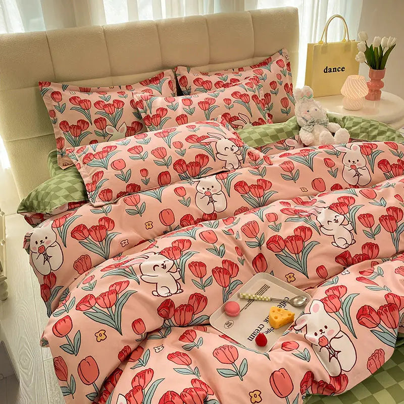 4Pcs/set Kawaii Anime Cartoon Hello Kitty Bedding Quilt Cover Student Bedding Soft Microfiber Bedspread Lightweight Coverlet