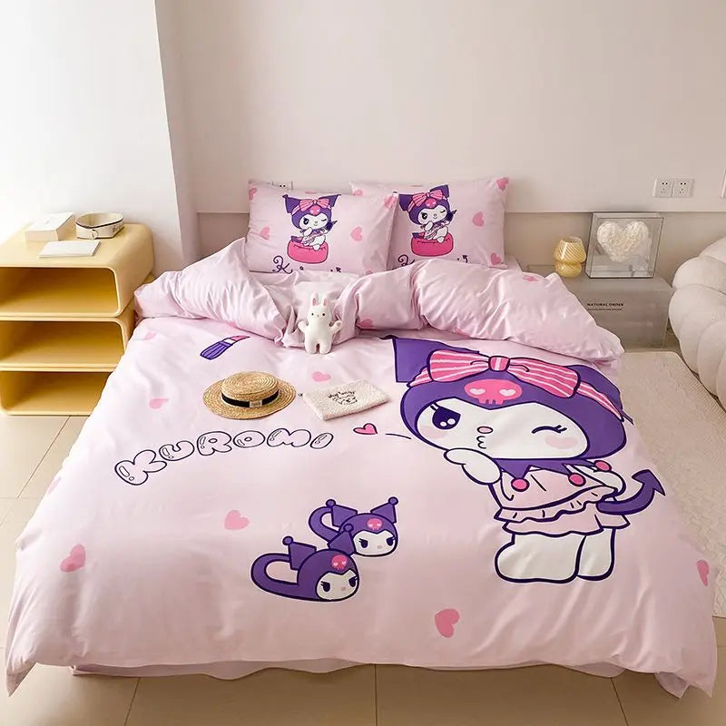 Kawaii Soft Bedding Kuromi Cinnamoroll Cartoon Cotton Student Home four-piece set Bed Sheet Quilt Cover Bed Accessories