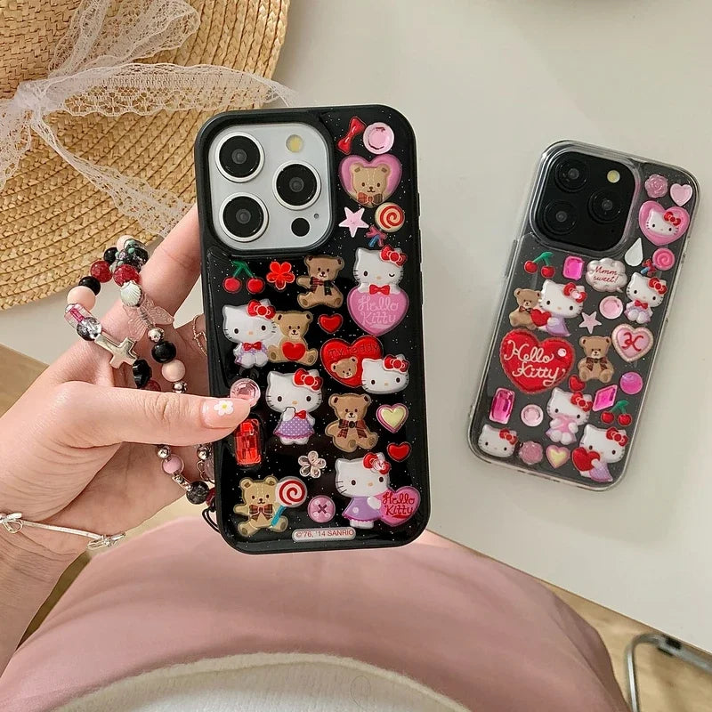 3D Cute Cartoon Y2K Hello Kitty Sticker Bling Glitter Phone Case For iPhone 16 15 14 13 12 11 Pro Max Transparent Cover