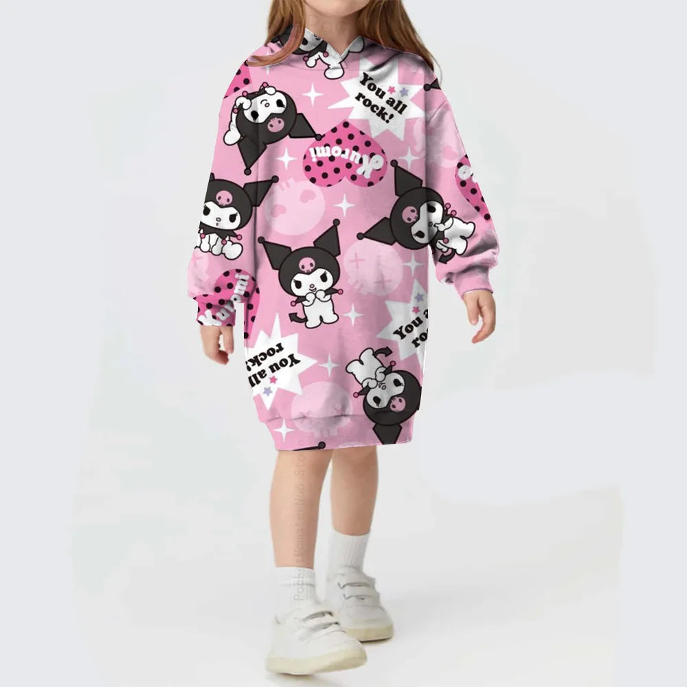 Autumn/winter Children's Hello Kitty Kuromi print Sweater Clothes Suit Hooded Solid Color Fashion Sweater Dress Comfortable