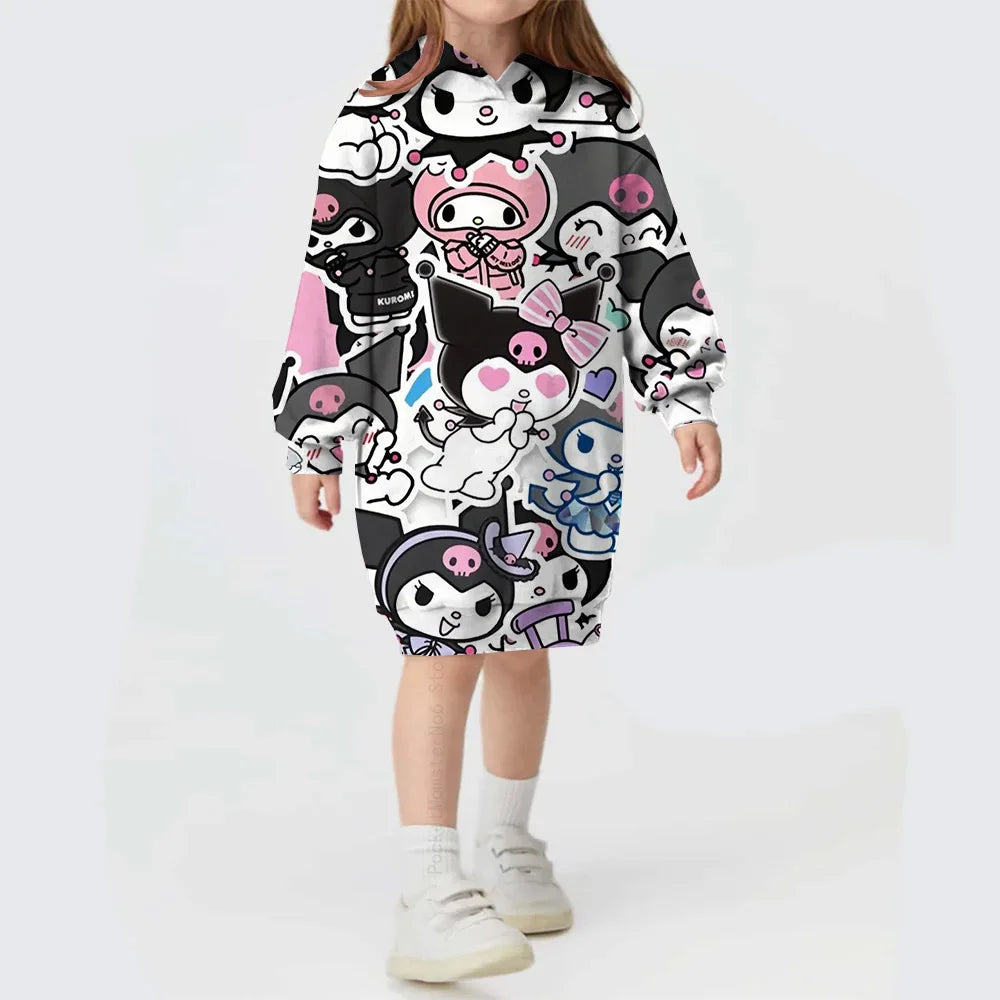 Toddler Kids Hello Kitty Kuromi print Hoodies Dresses for Girls Loose Casual Long Dress Infant Children O Neck Outfits Dress