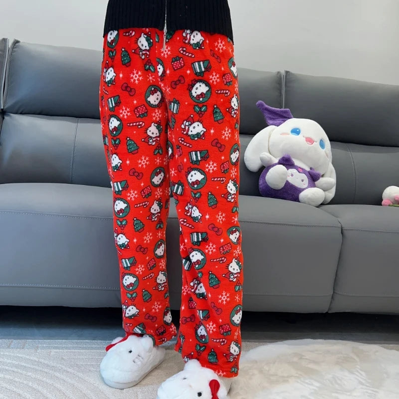 Hello Kitty Christmas Pajamas Pants Anime Sanrio 2024 New Flannel Men Women Winter Casual Trousers Ladies' Home Loose Pajamas