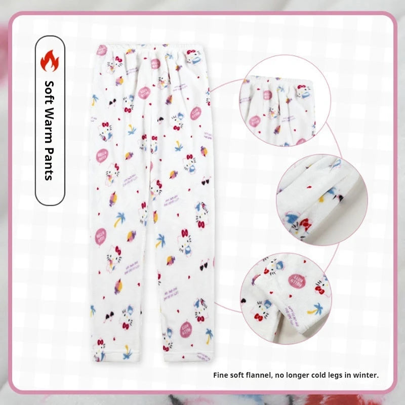 Miniso Hello Kitty Kuromi Sleeper Pants With Flannel Thick Fleece For Warmth Casual Cute Cartoon Pattern Girl Christmas Clothing