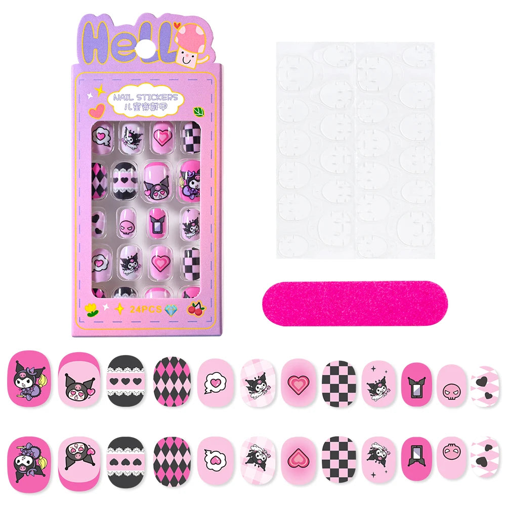 24Pcs Cartoon Hello Kitty Press on Nails Sanrio Series Pink/Blue/Purple Kuromi Kawaii Fake Nail for 6 years+ School Girl