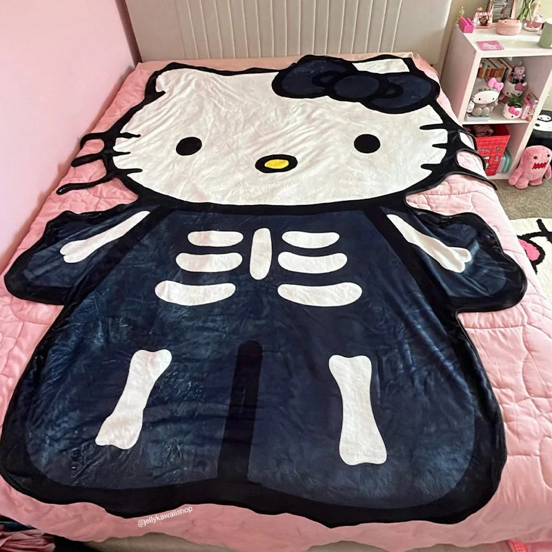 Hello Kitty Shape Halloween Skeleton Blanket Flannel Throw Blanket Lightweight Blankets Soft Cozy for Bed Decor Home Bedsqread